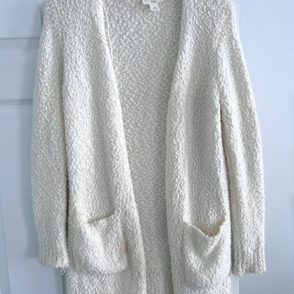 LOFT White Cardigan Sweater with Fluffy Knit